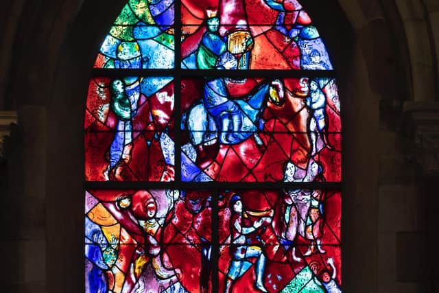 Stained glass window designed by Marc Chagall and completed in 1978.  Photo courtesy of the Dean and Chapter of the Cathedral.