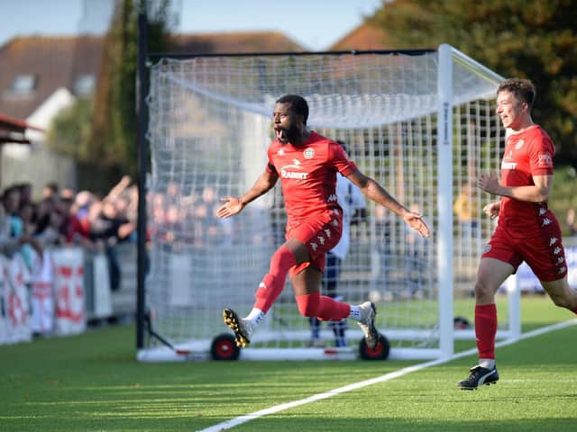 Mo Diallo celebrates his winning penalty as Worthing edge past Corinthian Casuals / Picture: Marcus Hoare