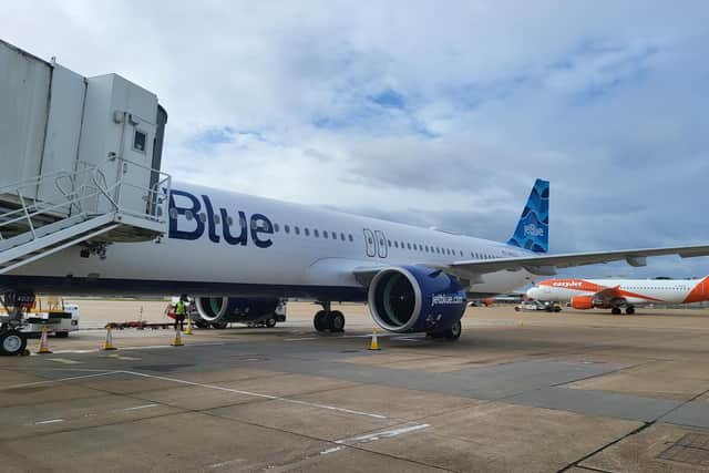 The jetBlue aircraft at Gatwick today