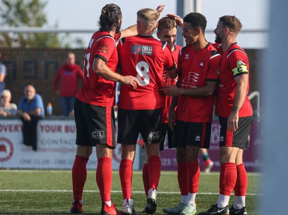 Eastbourne Borough celebrate on their way to a 6-0 win over Braintree - they aim for more success in the Cup at Horsham tomorrow / Picture: Andy Pelling