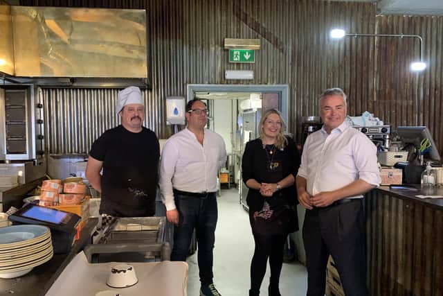 The Fat Greek Taverna owner, Andy Sparsis, Employment Minister, Mims Davies, MP for East Worthing and Shoreham, Tim Loughgton