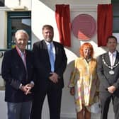 Unveiling the Red Wheel plaque, from left, National Transport Trust senior council member Peter Stone, Shoreham Airport managing director Rob Cooke, National Transport Trust president Lady Judy McAlpine, Adur District Council chairman Stephen Chipp and National Transport Trust chairman Stuart Wilkinson