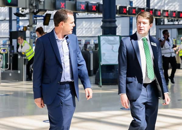 Jocelyn Mocatta, great, great, great nephew of David Mocatta, walking through Brighton station with  Southern’s Customer Services Director, Chris Fowler (picture GTR)