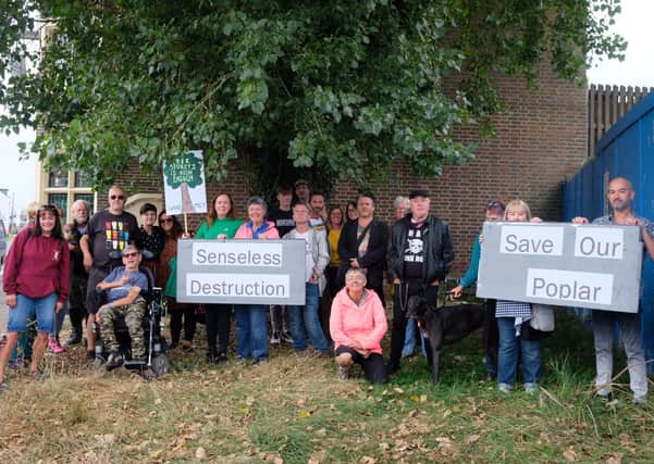 Residents opposing the felling of the poplar tree next to the Duke of Wellington pub (photo by Judy Green)