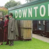 The Downton Abbey cast at Horsted Keynes station on the Bluebell Railway. Picture: Mick Blackburn.