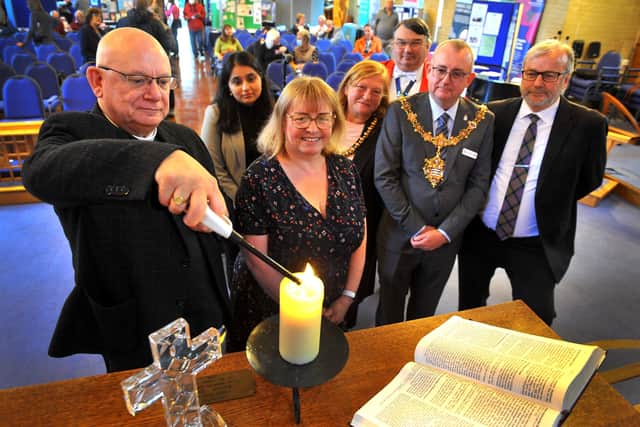 Worthing Mental Health Awareness Week launches with the lighting of a peace candle by the mayor's chaplain, Father George Butterworth. Picture: Steve Robards SR2110041
