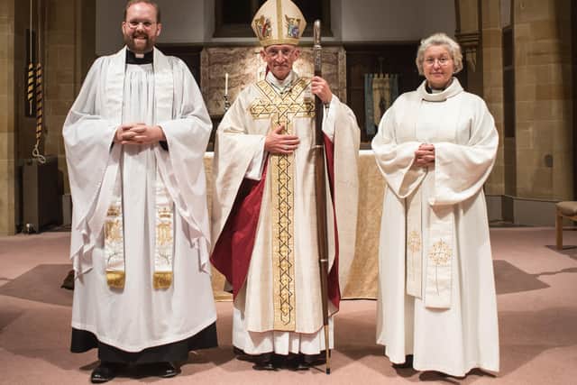 From left: Fr Edward Pritchett with the Bishop of Chichester, The Right Reverend Dr Martin, and the Archdeacon of Horsham, The Venerable Angela Martin. Picture: Melvyn Walmsley.