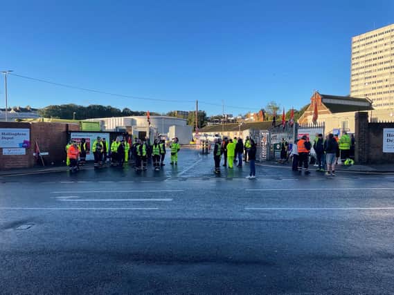 Workers outside the Hollingdean depot today on the first day of the planned two-week strike
