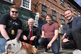 L-R, Aarron Payne (The Comic Shop), Councillor Peter Smith, David Taylor (Crow Coffee), Greg Lazarev (Crow Coffee) with Great British Bulldog Arthur (8) (Photo by Jon Rigby)