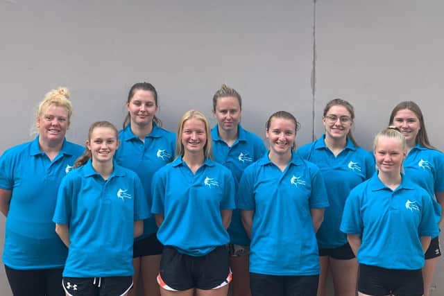 The Mid Sussex Marlins team that travelled to Sheffield. From left: Player/coach Lucy Fox, Lottie Apps, goalkeeper Maddie Calthrop, Annabel Hogbin, Amy Styles, captain Lauren Hand, Maisie Standen, Becky Smith and Lillie Standen. Eve Tidy and Giulia Villar-Alario also travelled but are not pictured