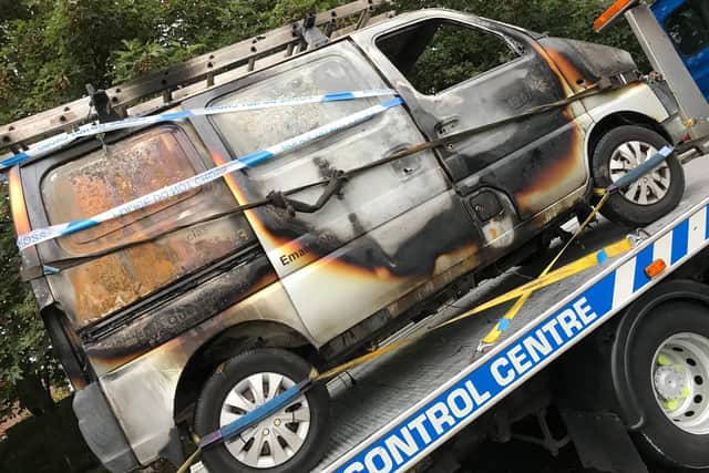The van was found torched at 3.30am on Sunday morning
