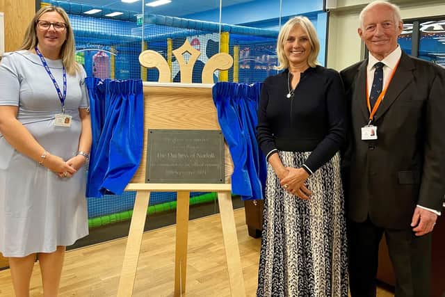 The Duchess of Norfolk with Ferring Country Centre chief executive Hannah Combs, left, and Bob Rogers, chairman of the trustees