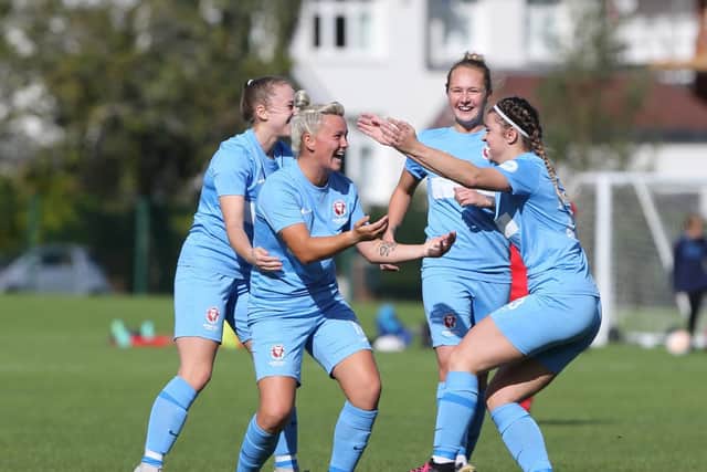 Hastings United Women celebrate Molly Hill's goal during their Women FA Cup triumph over Islington Borough