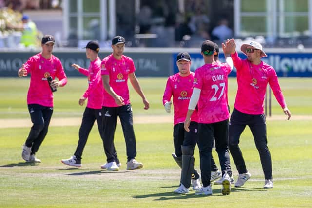 Sussex celebrate a breakthrough on their way to victory against Leicestershire | Picture: Eva Gilbert