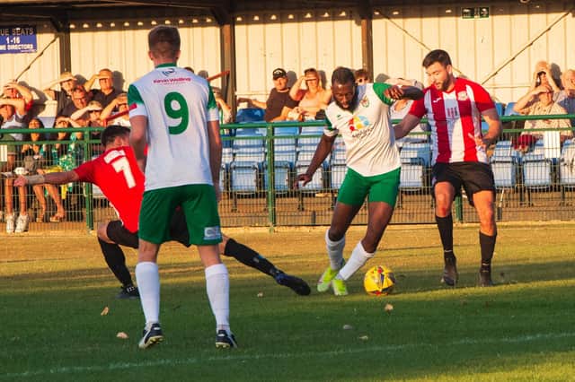 Nick Dembele shoots goalwards in the Rocks' 1-1 draw at Sholing | Picture: Tommy McMillan