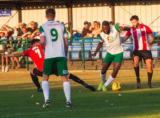 Nick Dembele shoots goalwards in the Rocks' 1-1 draw at Sholing | Picture: Tommy McMillan