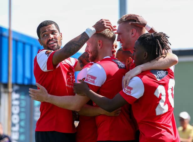 Borough players celebrate on their way to victory at Oxford City | Picture: Lydia Redman