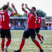 Eastbourne Borough celebrate during a first half in which they went 3-1 up - but ended up on the losing side | Picture: Lydia Redman