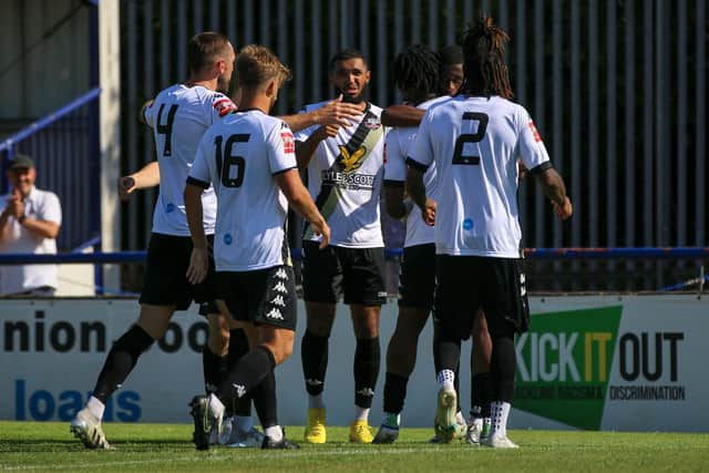 Lewes FC celebrate their first goal of the new Isthmian season - at Wingate, where it ended 1-1 | Picture: James Boyes