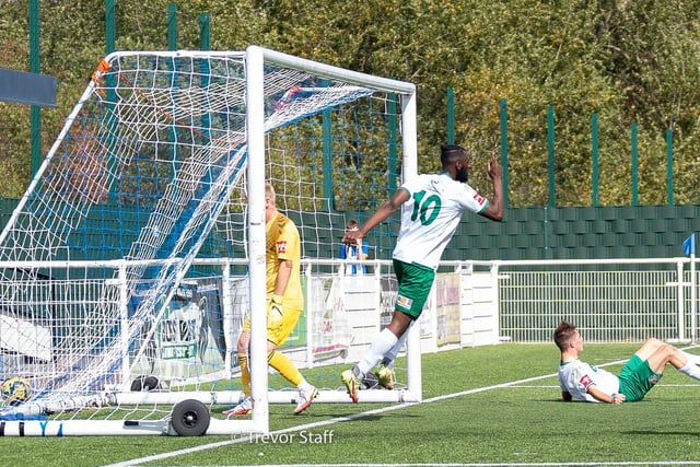 Action and goal celebrations from Bognor's 6-1 win at Aveley that took them top of the Isthmian premier table | Pictures: Trevor Staff