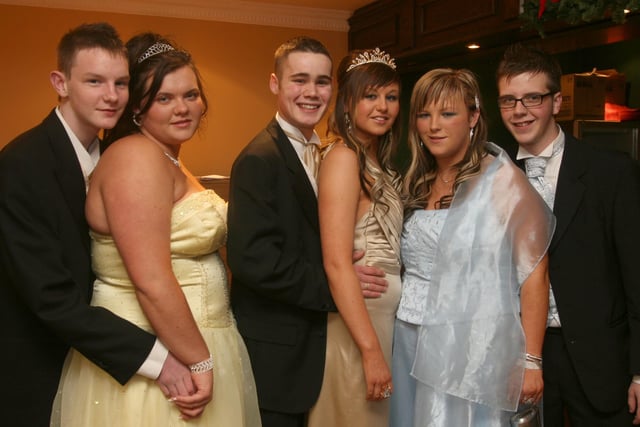 Pupils and partners arriving for the St.Brigid's College, Carnhill, annual formal held at the Everglades Hotel.  From left are Kevin Ferry, Shauneen Harrigan, Ronan Duffy, Michaela McMonagle, Karen Porter and Kieran Tyre.  (0312T05).