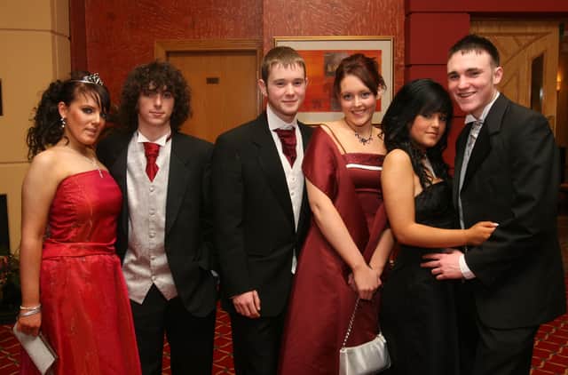 Pupils and partners arriving for the St.Brigid's College, Carnhill, annual formal held at the Everglades Hotel.  From left are Cara Parke, Ryan Mullin, Noel Quigley, Lyndsey Knox, Leanne Cunniss and Barry Whoriskey. (0312T01).