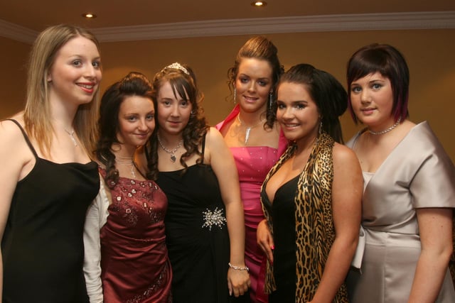 Pupils arriving for the St.Brigid's College, Carnhill, annual formal held at the Everglades Hotel.  From left are Bronagh McCloskey, Tannie Boyle, Charlene Curran, Rachel McClintock, Shauna Cavanagh, and Mandy Hamilton.  (0312T10).