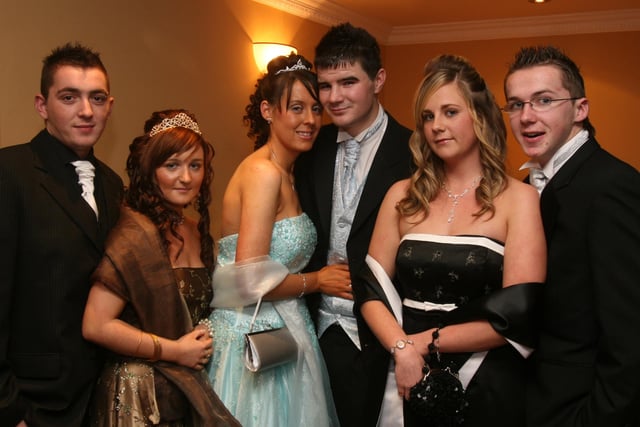 Pupils and partners arriving for the St.Brigid's College, Carnhill, annual formal held at the Everglades Hotel.  From left are Stephen Rigby, Jennifer McFadden, Angela McCarrick, Emmitt Green, Kellie Oakes  and Terry Boyle.  (0312T03).
