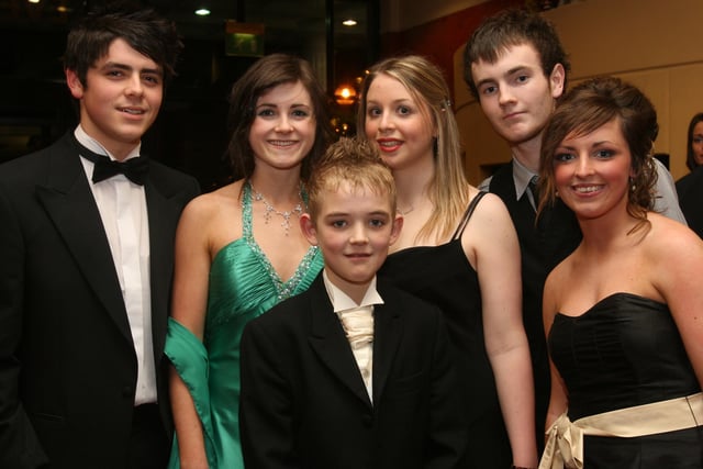 Pupils and partners arriving for the St.Brigid's College, Carnhill, annual formal held at the Everglades Hotel.  From left are Lee McMullan, deputy Head Boy at Foyle and Londonderry College, Mari Brennan, Head Girl, Sean Paul McCauley, Bronagh McCloskey, Deputy Head Girl, Thornhill College, Christopher Ferry, Head Boy, St.Brigid's College, and Clare Smith, Head Girl.  (0312T11).