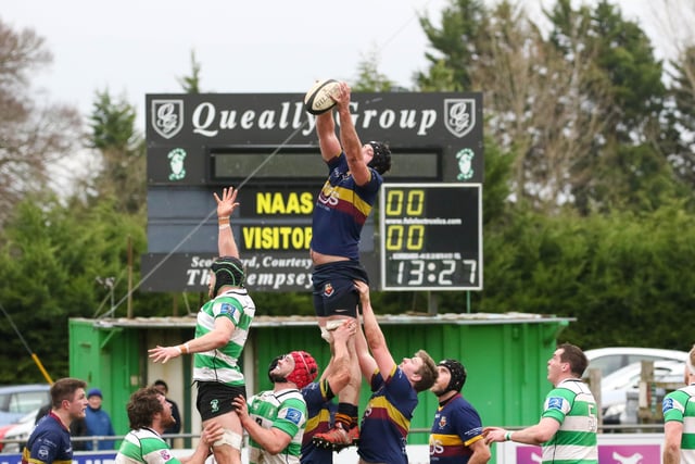 Alex Thompson soars highest to claim lineout ball for Bann. Picture: John Mullan