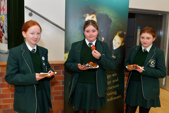 Year 8 St Cecilia’s College pupils Aoife O’Donnell, Shannagh Harkin and Charlene Ward had a pancake breakfast at the school on Tuesday morning last. DER2209GS – 015