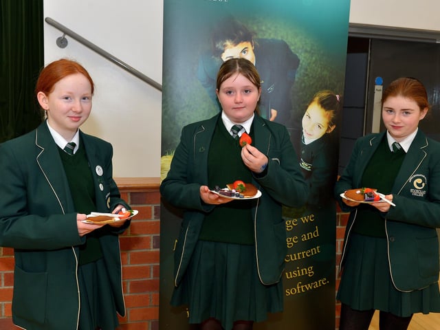Year 8 St Cecilia’s College pupils Aoife O’Donnell, Shannagh Harkin and Charlene Ward had a pancake breakfast at the school on Tuesday morning last. DER2209GS – 015