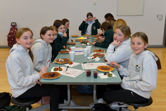 St Cecilia’s College Year 8 pupils Molly, Sophia, Renna and Brooke pictured during a pancake breakfast at the school on Tuesday morning last. DER2209GS – 020