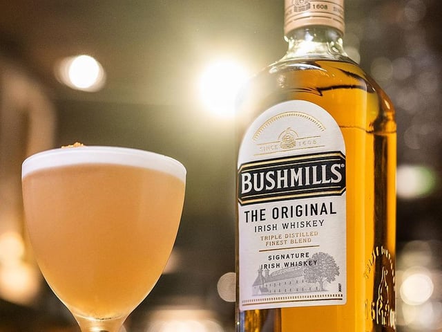 Bushmills is the oldest licensed whiskey distillery in the world. This is their spin on a whiskey sour – it’s perfect for mixing or drinking neat.
Ingredients: 50ml Bushmills Original Irish Whiskey (£21, 70cl, Waitrose), 20ml honey syrup, 20ml lemon juice, egg white, 3 dashes Angostura bitters, honeycomb to garnish.
Method: Add the egg white to a cocktail shaker and dry shake on its own. Then add the rest of the ingredients, ice and shake again. Pour into glass, add the dashes of angostura bitters on the frothy egg white and garnish with honeycomb.