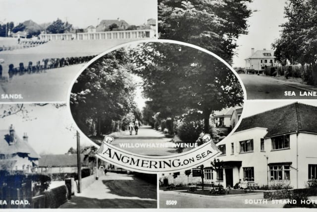 A tree-lined Willowhayne Avenue with horses trotting along features in the Angmering-on-Sea postcard, along with the sands, Sea Road, Sea Lane and the South Strand Hotel