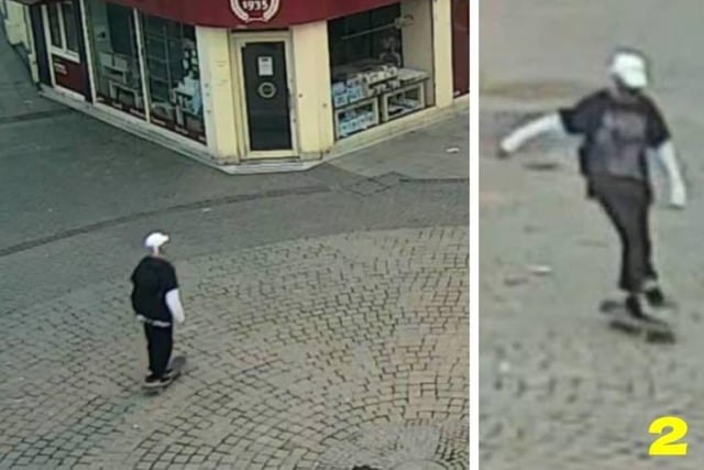Picture two shows a person who rode a skateboard from the direction of Havelock Road, across the pedestrianised area of the town centre and towards Pelham Street.