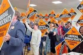 The Liberal Democrats pose for a photograph inside Langney Community Centre.
