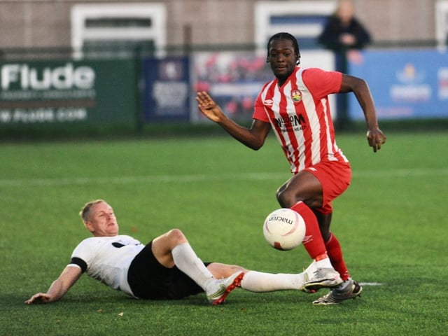 Action from Steyning Town v Eastbourne United. Picture by Stephen Goodger