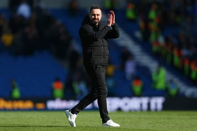 BRIGHTON, ENGLAND - APRIL 29: Roberto De Zerbi, Manager of Brighton & Hove Albion, applauds fans after the Premier League match between Brighton & Hove Albion and Wolverhampton Wanderers at American Express Community Stadium on April 29, 2023 in Brighton, England. (Photo by Charlie Crowhurst/Getty Images)