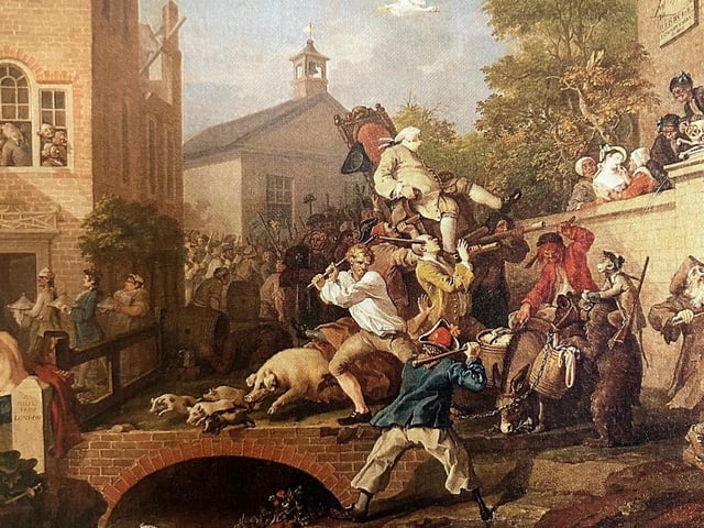 An 18th century election scene, William Hogarth’s Chairing the Member, from the Humours of an Election series