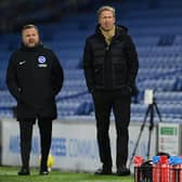 Brighton manager Graham Potter (R) and assistant coach Billy Reid look on during the Premier League match between Brighton & Hove Albion and Aston Villa at American Express Community Stadium on February 13, 2021.