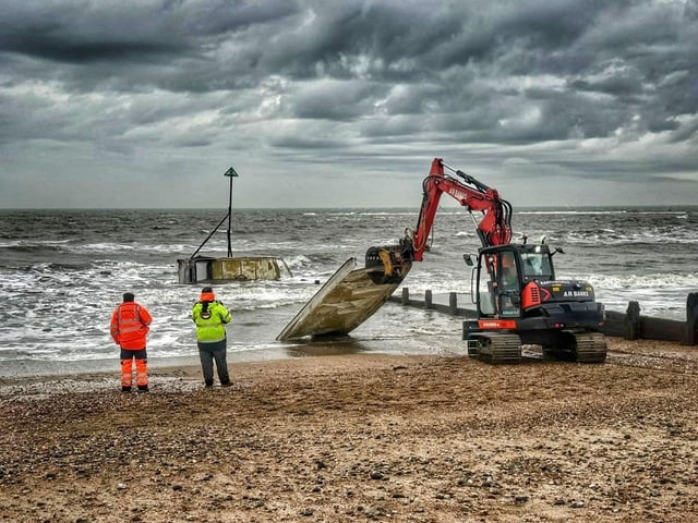 The shipping container, which washed up in Selsey on Tuesday, was 'empty with much of the foam gone already'. The refrigeration unit was intact.