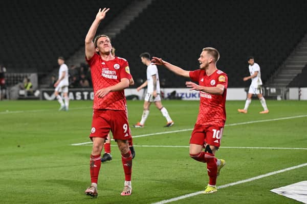 Crawley Town forward Danilo Orsi (9) scores a goal and celebrates (hat trick) and holds up 3 fingers 1-5 during the EFL Sky Bet League 2 play-off second leg match between Milton Keynes Dons and Crawley Town at stadium:mk, Milton Keynes, England on 11 May 2024.:Crawley Town hammered MK Dons 5-1 - and 8-1 on aggregate - to reach the League Two play-off final Wembley. Photographer Dennis Goodwin/Pro Sport Images was there to catch the action, the crowd and the celebrations