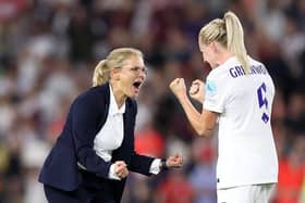 Sarina Wiegman, manager of England celebrates with Alex Greenwood following  the Women's Euro England 2022 Quarter Final match between England and Spain at Brighton