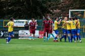 Eastbourne Town celebrate the first goal in the 70 rout of Horley Town last month | Picture by Josh Claxton