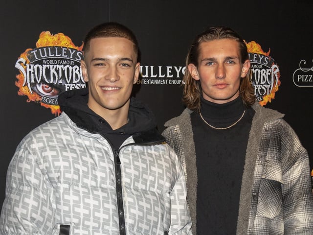 Thomas Gray and Jack Cope attend Tulleys Shocktober Fest at Tulleys Farm on September 30, 2022 in Crawley, England. (Photo by Stuart C. Wilson/Stuart Wilson/Getty Images for Tulleys Shocktober Fest)