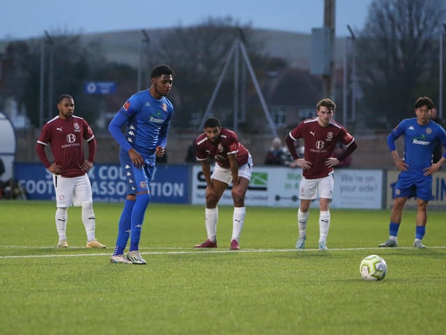 Action between Worthing and Hastings United in the Sussex Senior Cup semi-final at Lancing