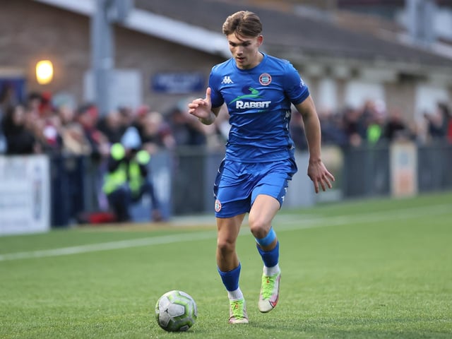 Action between Worthing and Hastings United in the Sussex Senior Cup semi-final at Lancing