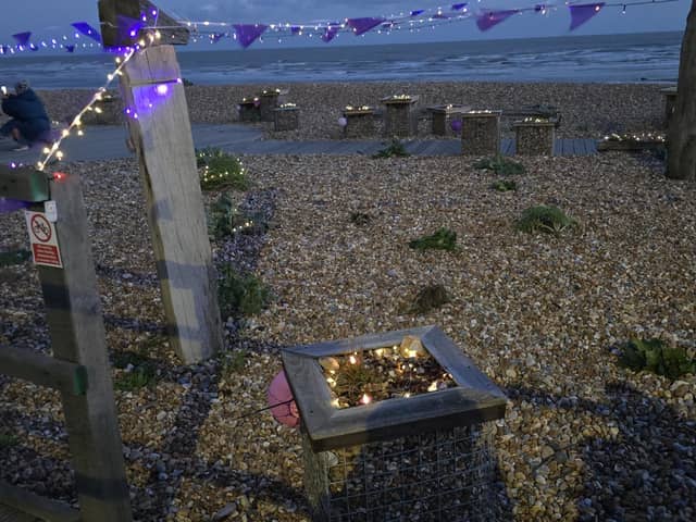 Bexhill Beach Garden illuminated purple for World Polio Day