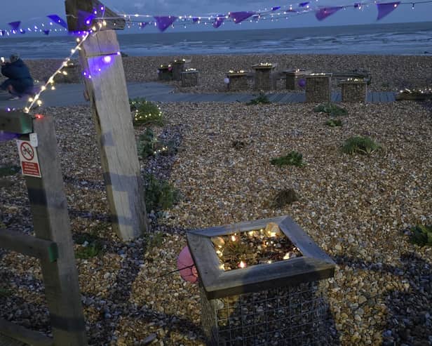 Bexhill Beach Garden illuminated purple for World Polio Day